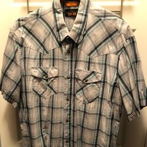 Blue plaid Trout Bum snap shortsleeved shirt